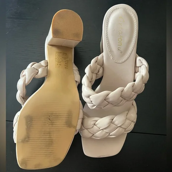 Greatonu Braided 3.35” Heels in white, cream, and tan - Picture 5 of 12